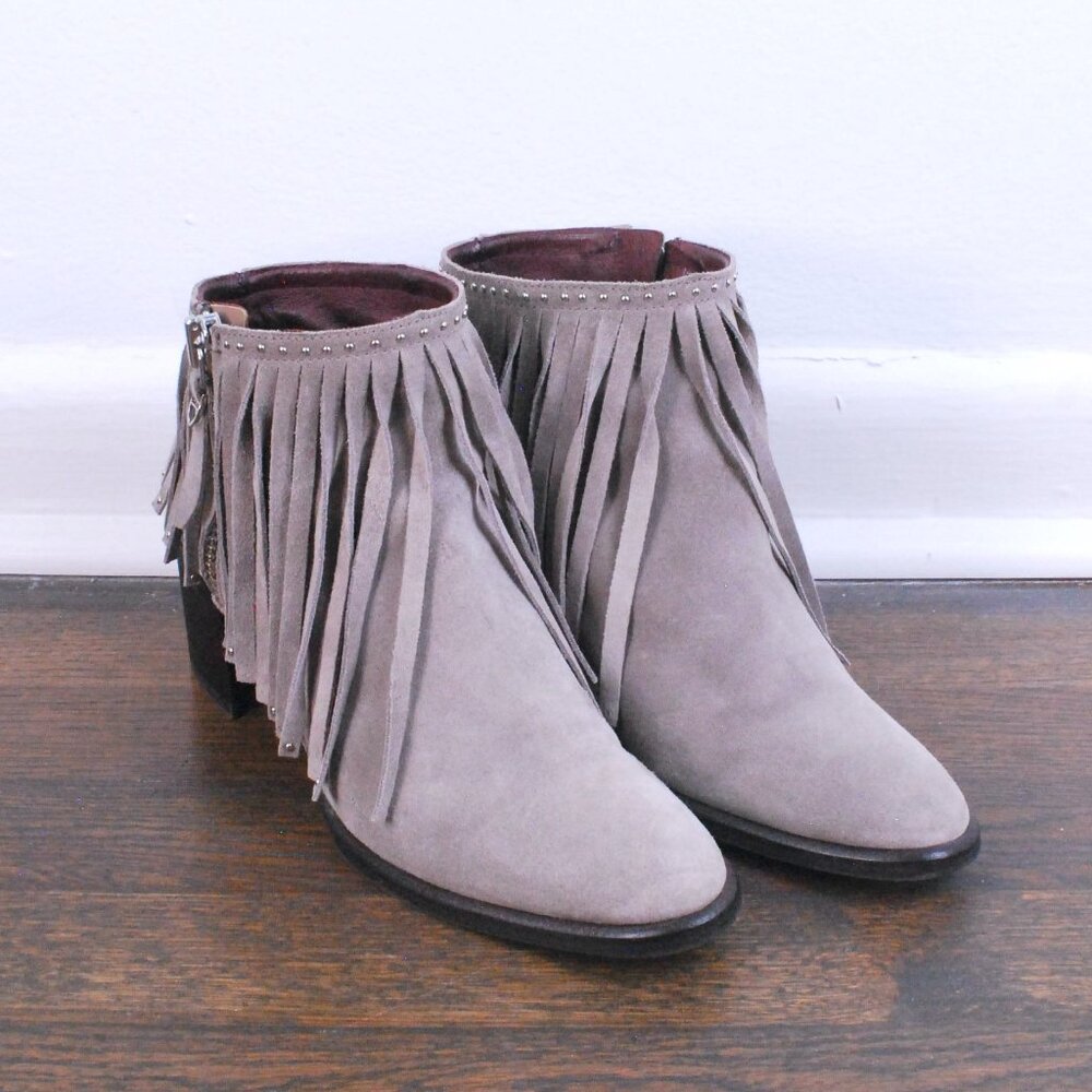 Western Boho Fringe Tati Bootie Suede Putty Country Cow Girl Glam Bold Coachella